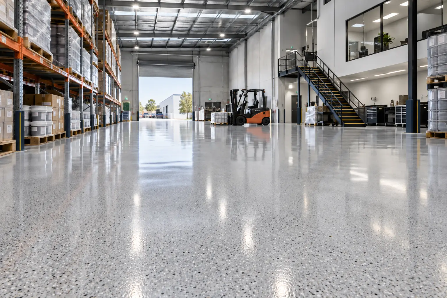 Commercial warehouse with a polished grey decorative epoxy floor