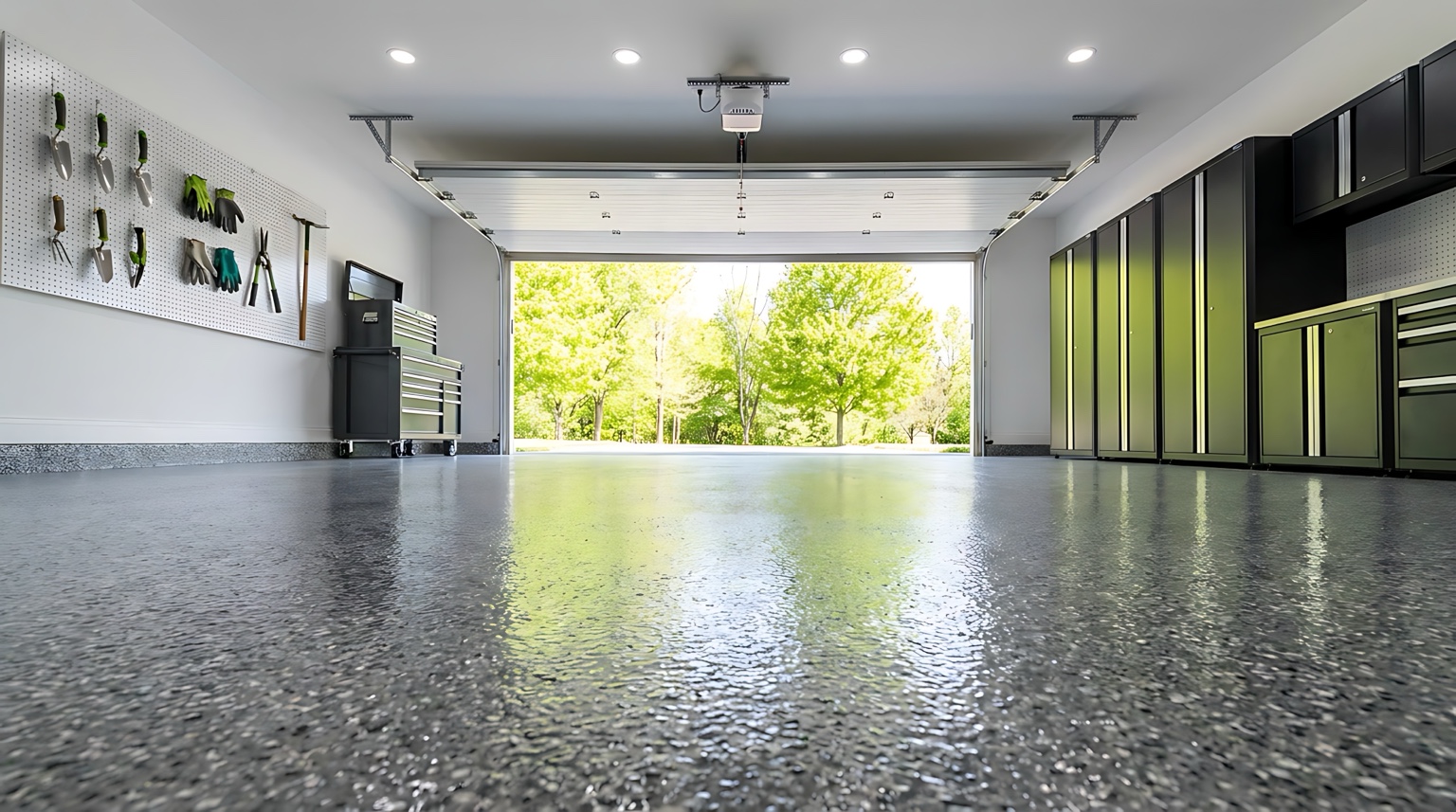 Organised garage with grey decorative flake flooring
